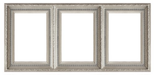 Silver frame of three parts (triptych) on a white background for paintings, mirrors or photos