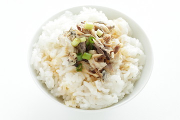 Japanese food, grilled mackerel flake and soy sauce on rice