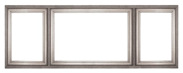 Silver frame of three parts (triptych) on a white background for paintings, mirrors or photos