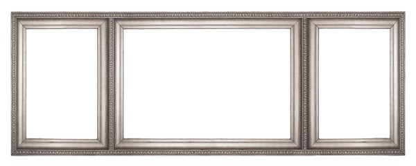 Fototapeta premium Silver frame of three parts (triptych) on a white background for paintings, mirrors or photos