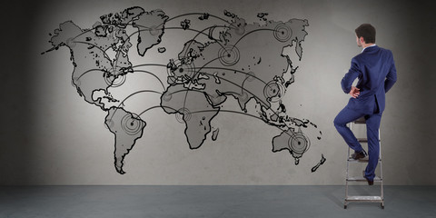 Businessman watching manuscript world map connection on a wall 3D rendering