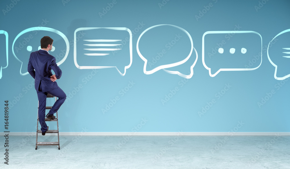 Poster businessman watching discussion icons sketch on a wall 3d rendering