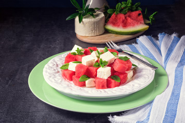 Obraz na płótnie Canvas Greek Salad with watermelon, feta and fresh mint