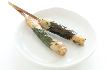 Japanese food, mince chicken with Shiso Yakitori grilled with Shioso