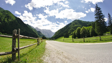 Road in alpine valley. North Slovenian landscape. Summer mountain view with road.