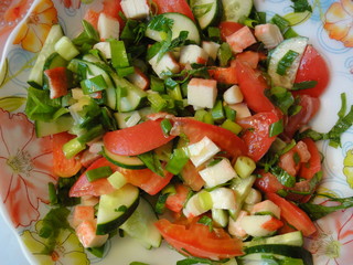 Salad, vegetables, tomato, cucumber, green onion, dish, breakfast, food, lunch, healthy food, tasty, useful, red, green,