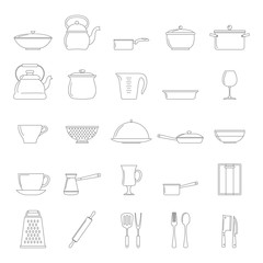 Kitchen dishes icons set in thin line style isolated on white background. Elements for dishes design and web