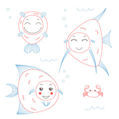 Hand drawn vector illustration of funny fish with cute faces with different expressions, swimming in the sea underwater.