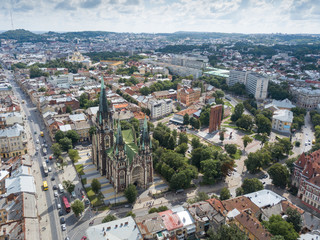 Lviv, Ukraine, panorama, downtown bird's-eye view, the historical part of the city, of drone