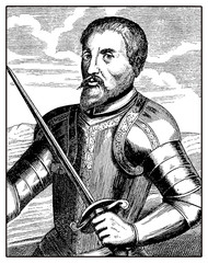 Portrait of Hernando de Soto, spanish explorer and conquistator, led the first European expedition into the territory of North America, crossing the Missisipi river in XVI century - obrazy, fototapety, plakaty