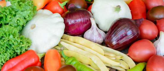 Vegetables on vintage wood background - autumn harvest. Rural still life