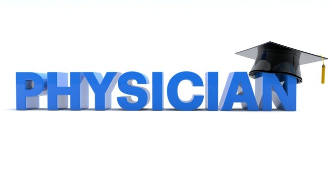 3D illustration of Physician text wearing a graduation hat