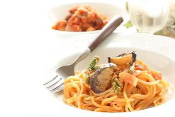 Homemade eggplant and tomato sauce spaghetti