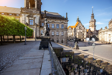 Fototapeta na wymiar Morning view on the Schlossplatz and Bruhl terrace with church and city gates in Dresden city, Germany