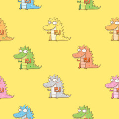 Seamless pattern  with cute cartoon dragon in glasses on yellow  background. Smart reptile with book. Funny animal. Vector contour image. Children's illustration.