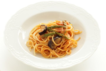 Italian food, eggplant and octopus spaghetti