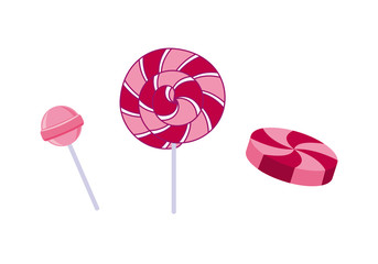 Round pink Lollipop icon set vector isolated on a white background. Pink sweet spiral lollipops icons vector
