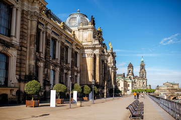 Fototapeta premium View on the Bruhl terrace with University of arts building during the sunny weather in Dresden city, Germany