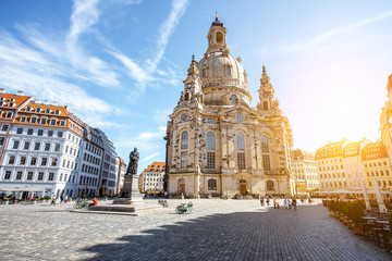 View on the main city square with famous church of Our Lady during the sunrise in Dresden city, Germany © rh2010