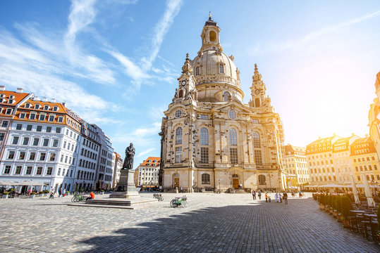 View on the main city square with famous church of Our Lady during the sunrise in Dresden city, Germany
