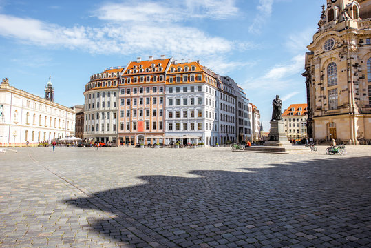 View on the main city square with beautiful buildings during the sunrise in Dresden city, Germany