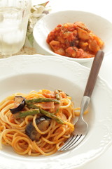 Italian food, eggplant and octopus spaghetti
