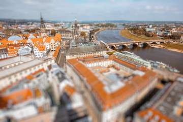 Fototapeta na wymiar Aerial cityscape view on the old town of Dresden city in Germany. Tilt-shift image technic