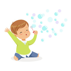 Cute little boy sitting on the floor and playing bubbles vector Illustration