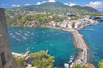 The view from the terraces of the Aragonese castle on Ischia island, a magnificent Bay and bridge