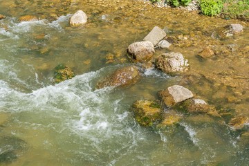 Mountain stream with stones in forest - Cheile Bicazului, Transylvania, Romania