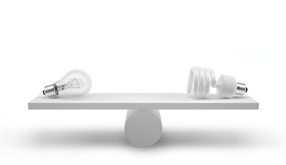 Energy saving concept between lamp and normal light bulb.Incandescent and fluorescent lamp on a white balance.