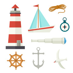 Set of flat cartoon nautical elements lighthouse, anchor, compass, ship, rope, seagull, steering wheel, telescope, vector illustration isolated on white background. Set of cartoon nautical elements