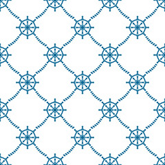 Fototapeta premium Rudder wheels seamless summer pattern blue and white