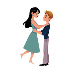 Hugging couple, man holding woman by waist, raising her in air, cartoon vector illustration isolated on white background. Full length, side view portrait of cartoon style hugging couple, happy meeting