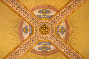 TURIN, ITALY - MARCH 15, 2017: The detail of symbolic fresco on the ceiling in church Basilica Maria Ausiliatrice by unknown artist of 19. cent.