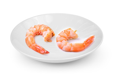shrimps in empty white plate isolated on a white background