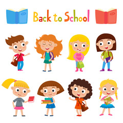 Color vector set pretty girls stand with books, bag and backpack