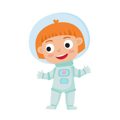 Standing astronaut kid isolated on white background. Cartoon pre