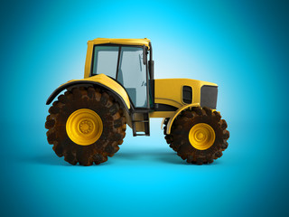 Tractor yellow 3d render on blue background
