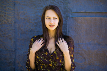 Fototapeta premium Beautiful brunette woman in sexy brown dress