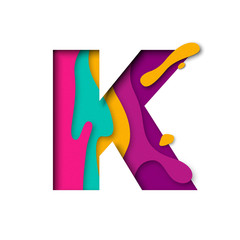 Paper cut letter K. Realistic 3D multi layers papercut isolated white background