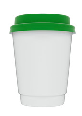 3D illustration of a mockup cardboard cup of coffee or tea to takeaway with green plastic cap. With shadow on white background