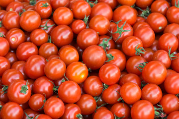 Delicious red tomatoes. A pile of tomatoes. Summer tray market agriculture farm full of organic tomatoes. Fresh tomatoes. It can be used as background