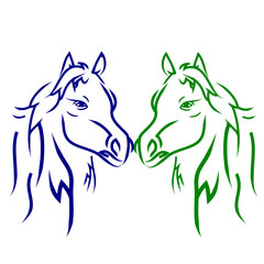 Two horses green and blue, silhouette on white background.