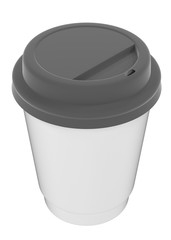 3D illustration of a mockup cardboard cup of coffee or tea to takeaway with grey plastic cap. With shadow on white background 