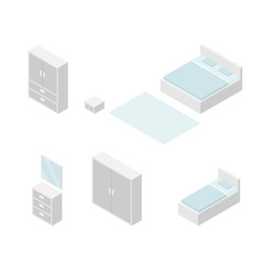 Set of Bedroom Furniture, Isometric Drawing Vector.