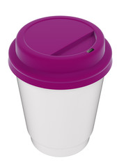 3D illustration of a mockup cardboard cup of coffee or tea to takeaway with pink plastic cap. With shadow on white background 