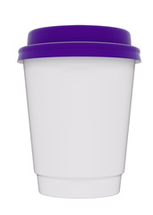 3D illustration of a mockup cardboard cup of coffee or tea to takeaway with purple plastic cap. With shadow on white background 