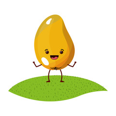 white background with realistic caricature of mango fruit over grass vector illustration