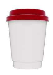 3D illustration of a mockup cardboard cup of coffee or tea to takeaway with red plastic cap. With shadow on white background 